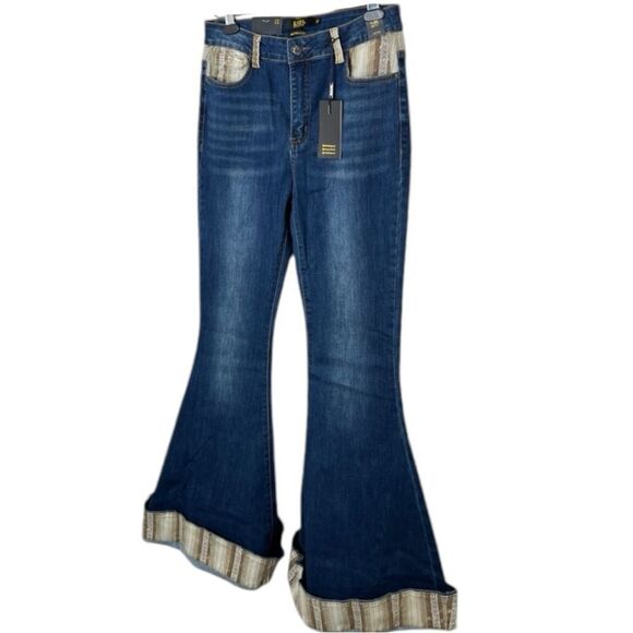 Dark Wash Flare Jeans | Aztec Print Cuffed Hem | High Rise Stretch | L&B | NWT - Picture 5 of 12
